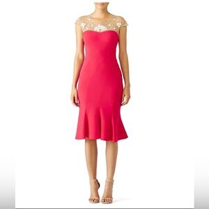 Marchesa Notte Pink Midi Dress with Floral Lace